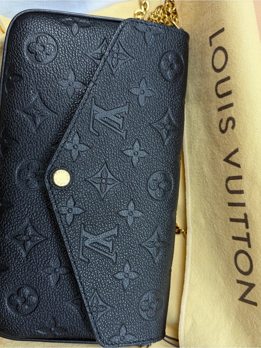 Louis Vuitton Black Embossed Monogram Crossbody Wallet with Gold Chain